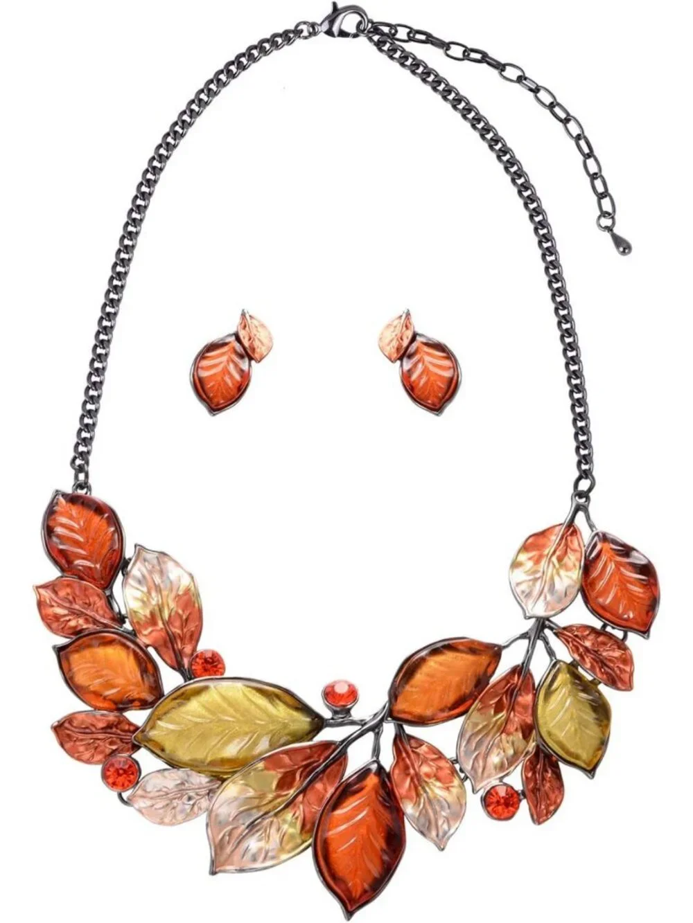 Vintage Floral Leaf Pendant Necklace & Earrings Set - Chunky Bib Jewelry for